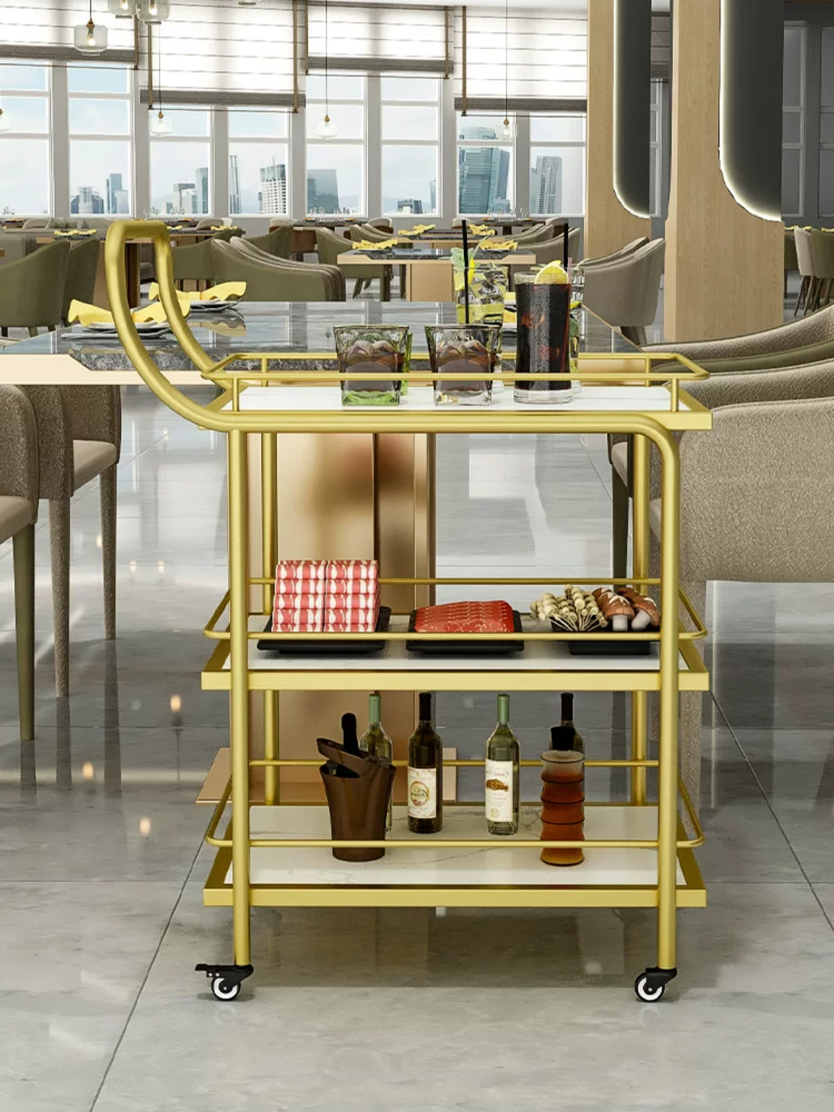 Hot Style Hotel Restaurant Cart Gold Metal Cart Three Layer Lightweight Luxury Gold Dining Trolley With Armrests