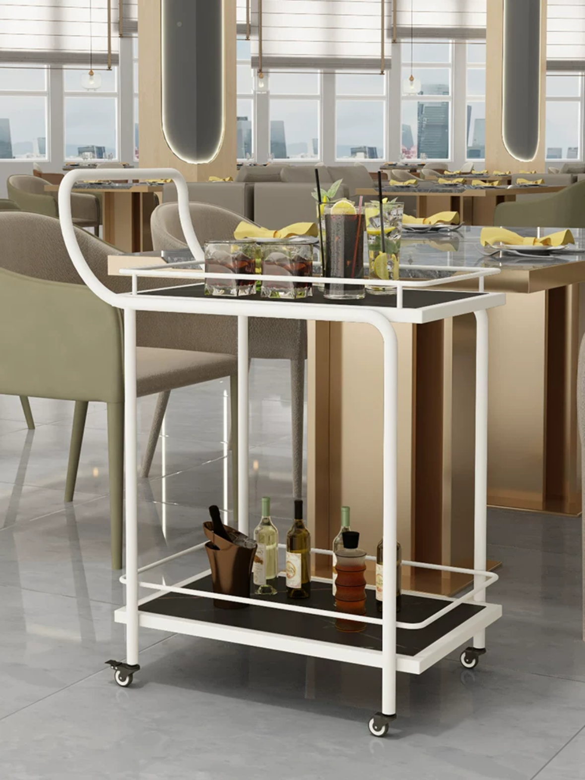 Hot Style Hotel Restaurant Cart Gold Metal Cart Three Layer Lightweight Luxury Gold Dining Trolley With Armrests