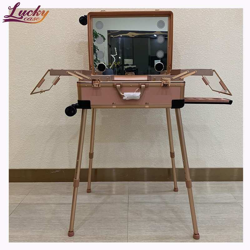 Full Screen Lighted Mirror Makeup Trolley Case Salon Studio Makeup Artist Case with Standing Bracket Makeup Rolling Organizer