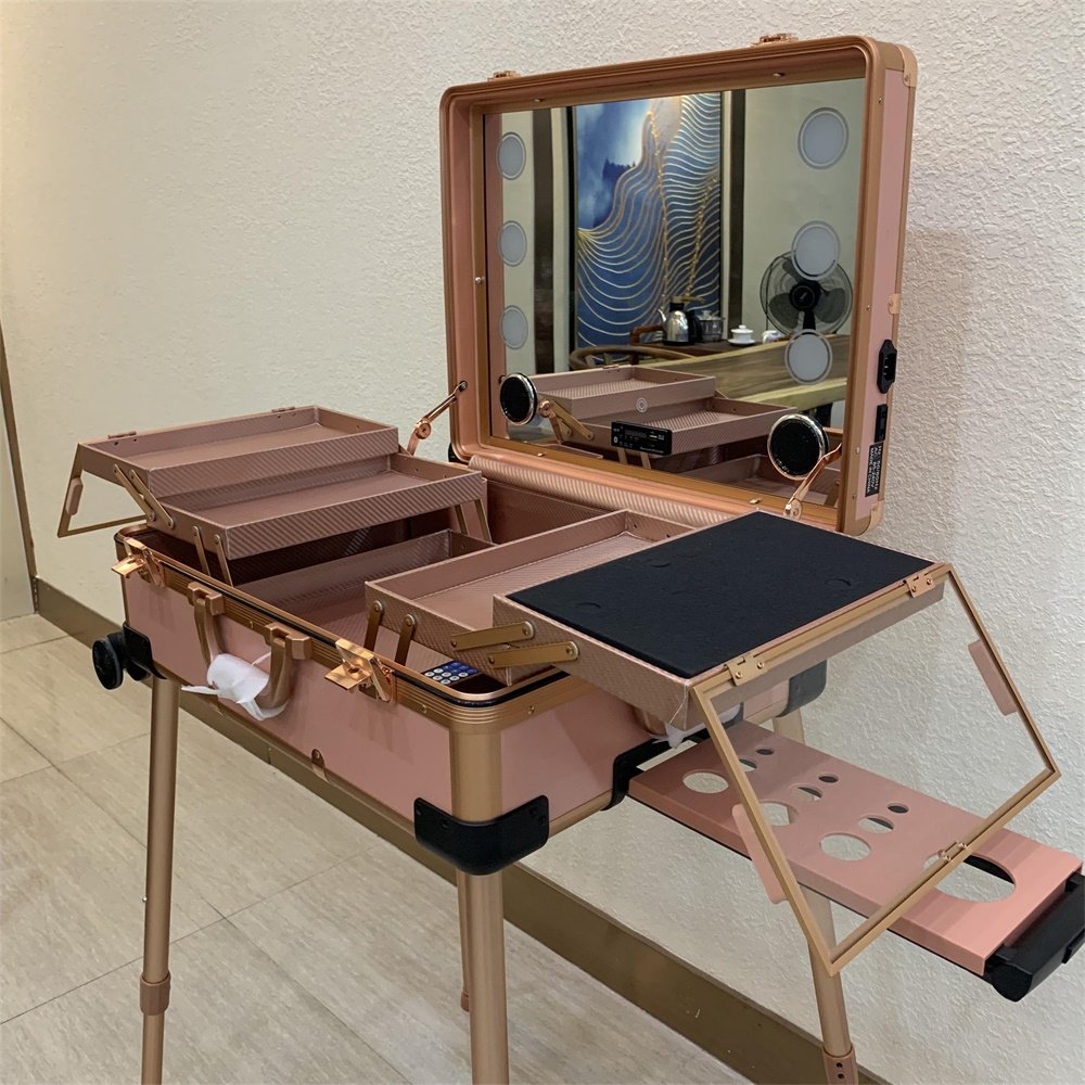 Full Screen Lighted Mirror Makeup Trolley Case Salon Studio Makeup Artist Case with Standing Bracket Makeup Rolling Organizer