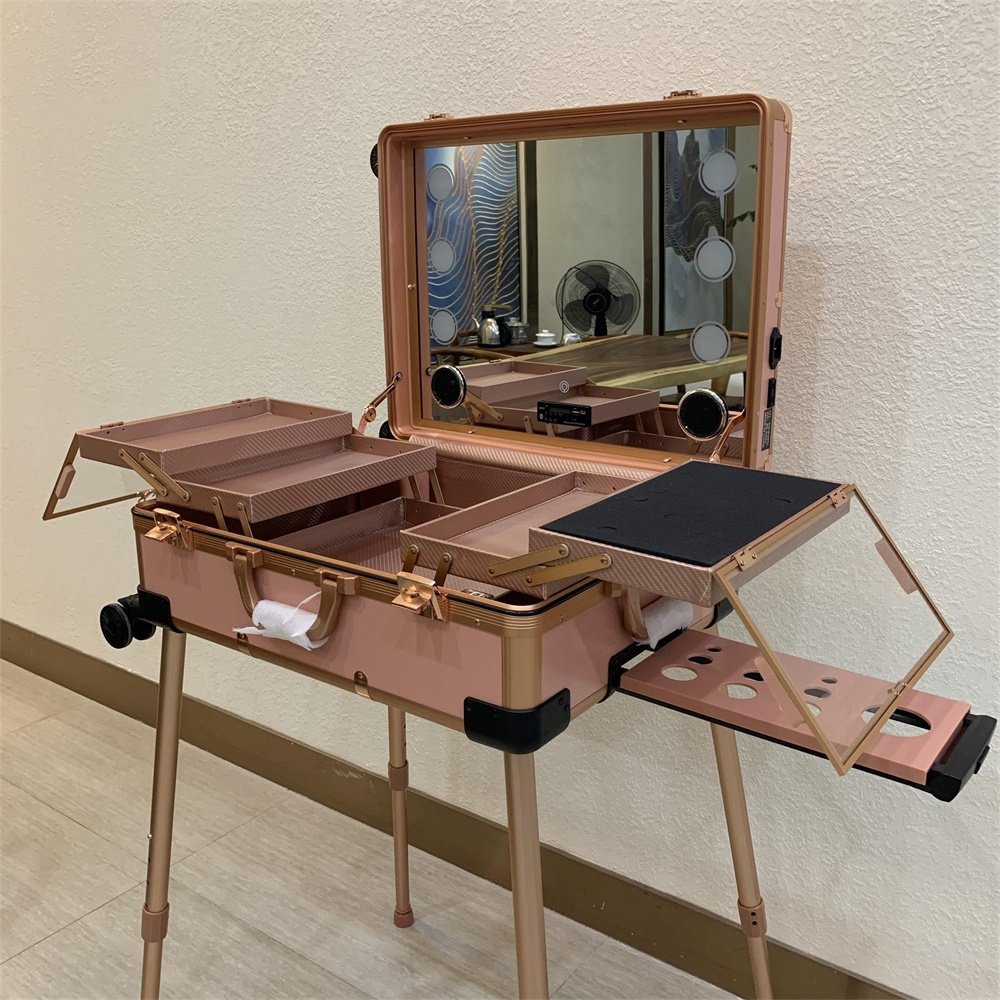 Full Screen Lighted Mirror Makeup Trolley Case Salon Studio Makeup Artist Case with Standing Bracket Makeup Rolling Organizer