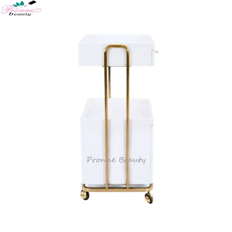 Beauty tools collecting salon trolley rolling multi-function gold frame beauty trolleys cart with double storage