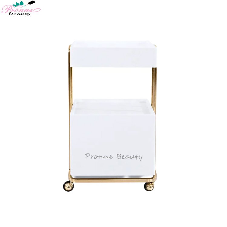 Beauty tools collecting salon trolley rolling multi-function gold frame beauty trolleys cart with double storage