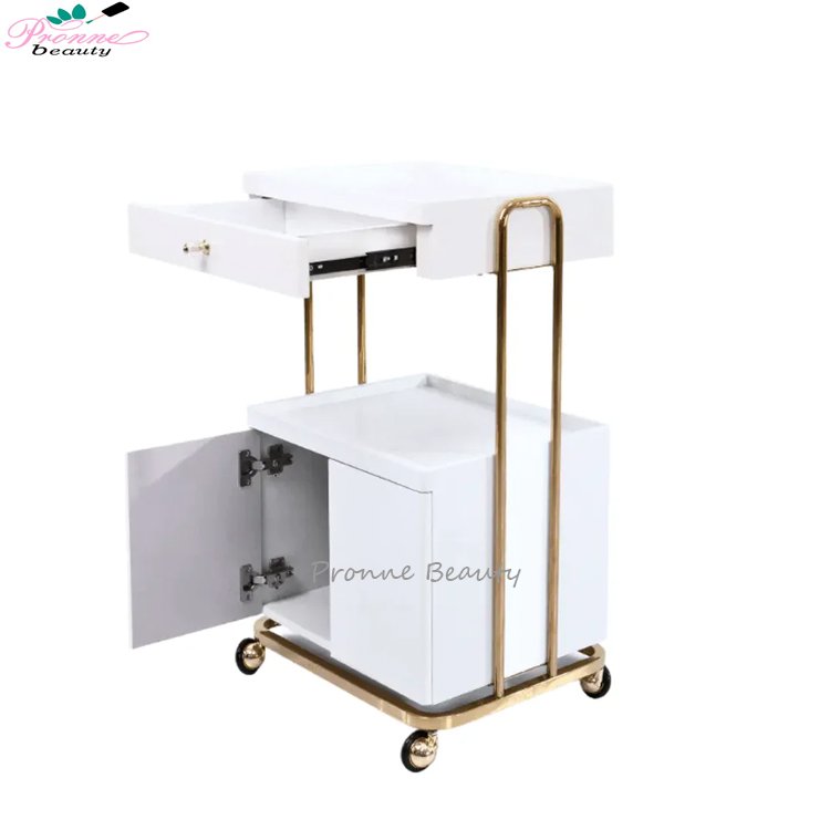 Beauty tools collecting salon trolley rolling multi-function gold frame beauty trolleys cart with double storage