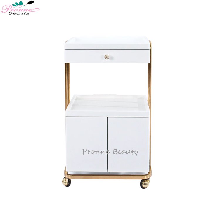 Beauty tools collecting salon trolley rolling multi-function gold frame beauty trolleys cart with double storage