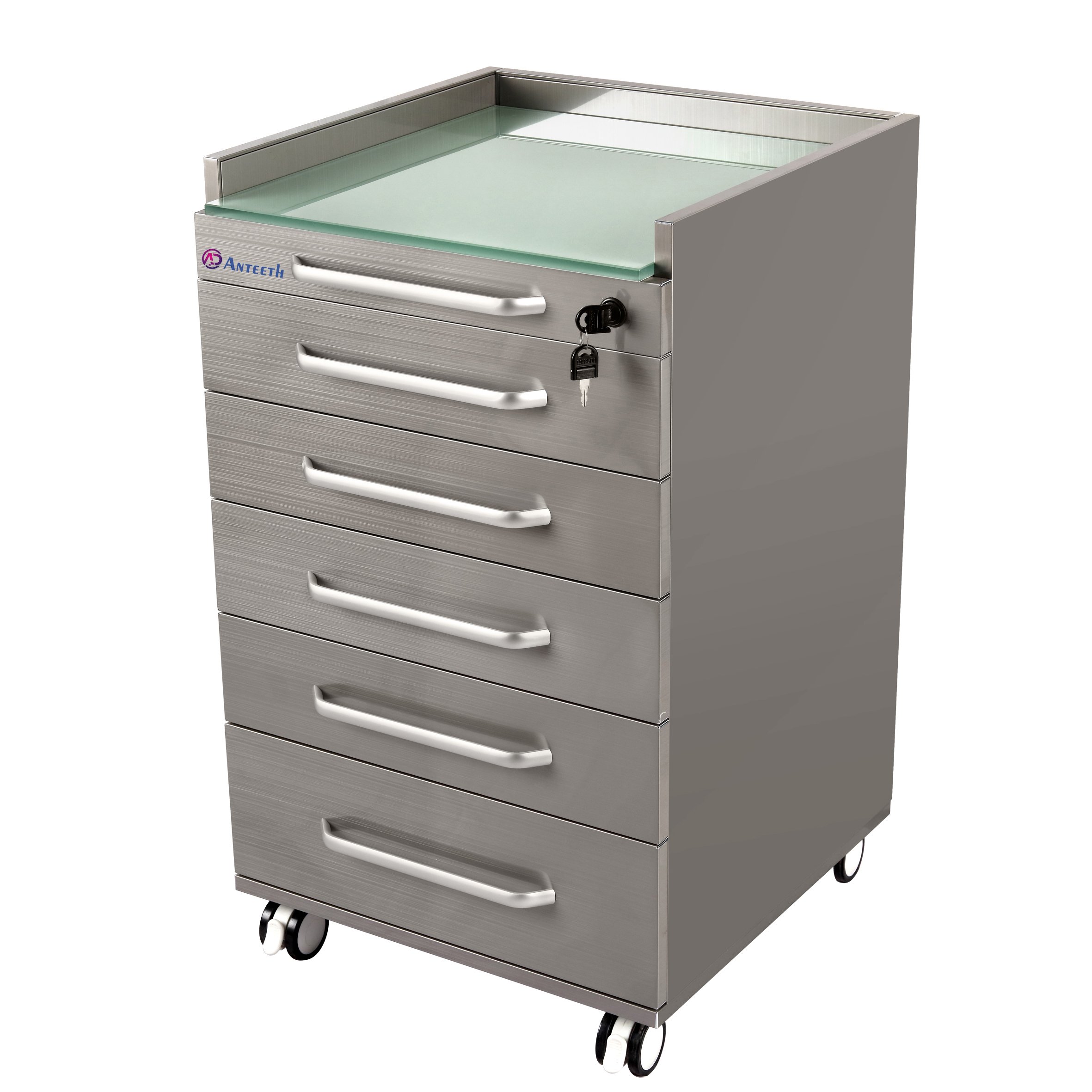Medical Standard Cabinet Durable Stainless Steel Body Tempered Glass 5 Drawers Trolley Mobile Dental Cabinet