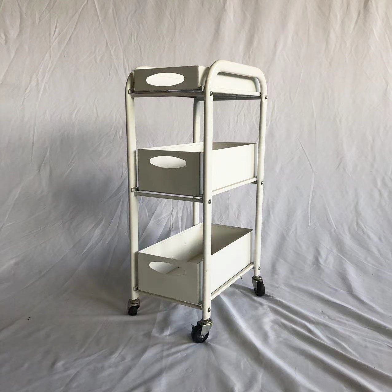 Trolley Cart White Beauty Salon Rolling Trolley with Casters 3-Tier Portable SPA Tools Utility Cart with Multi-Function Shelf