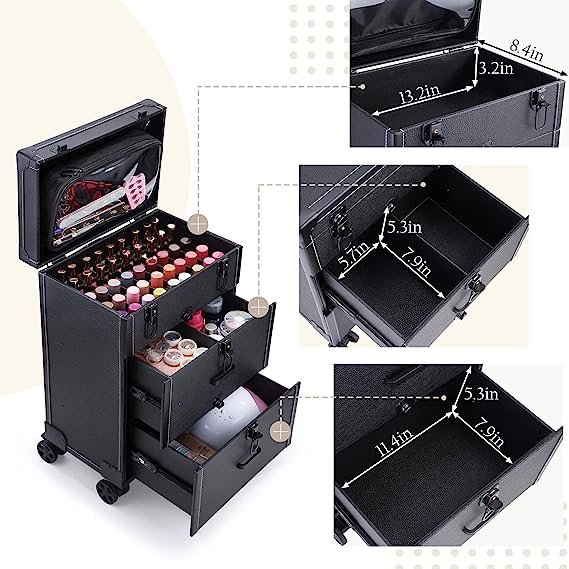 Vintage Black Professional Cosmetic Trolley Large Storage Case With Keys Traveling Makeup Train Case With Wheels