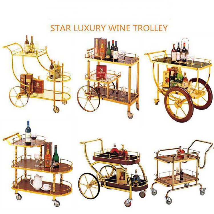 Hotel Restaurant Funiture Metal Mobile Serving Bar Cart Luxury Kitchen Antique Stainless Steel Food Wooden Tea Trolleys
