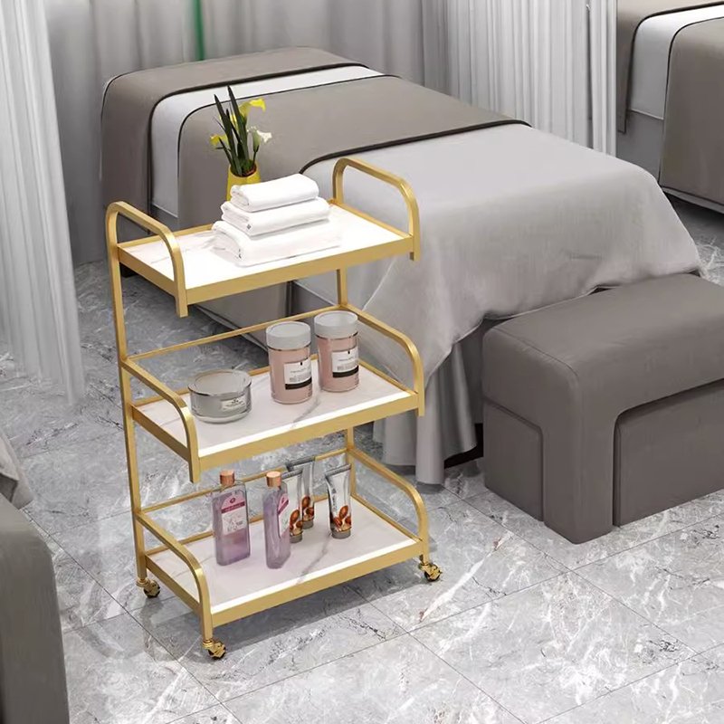 High quality barber shop salon marble top tools cart gold stainless steel 3 layer beauty saloon trolley with 4 wheels
