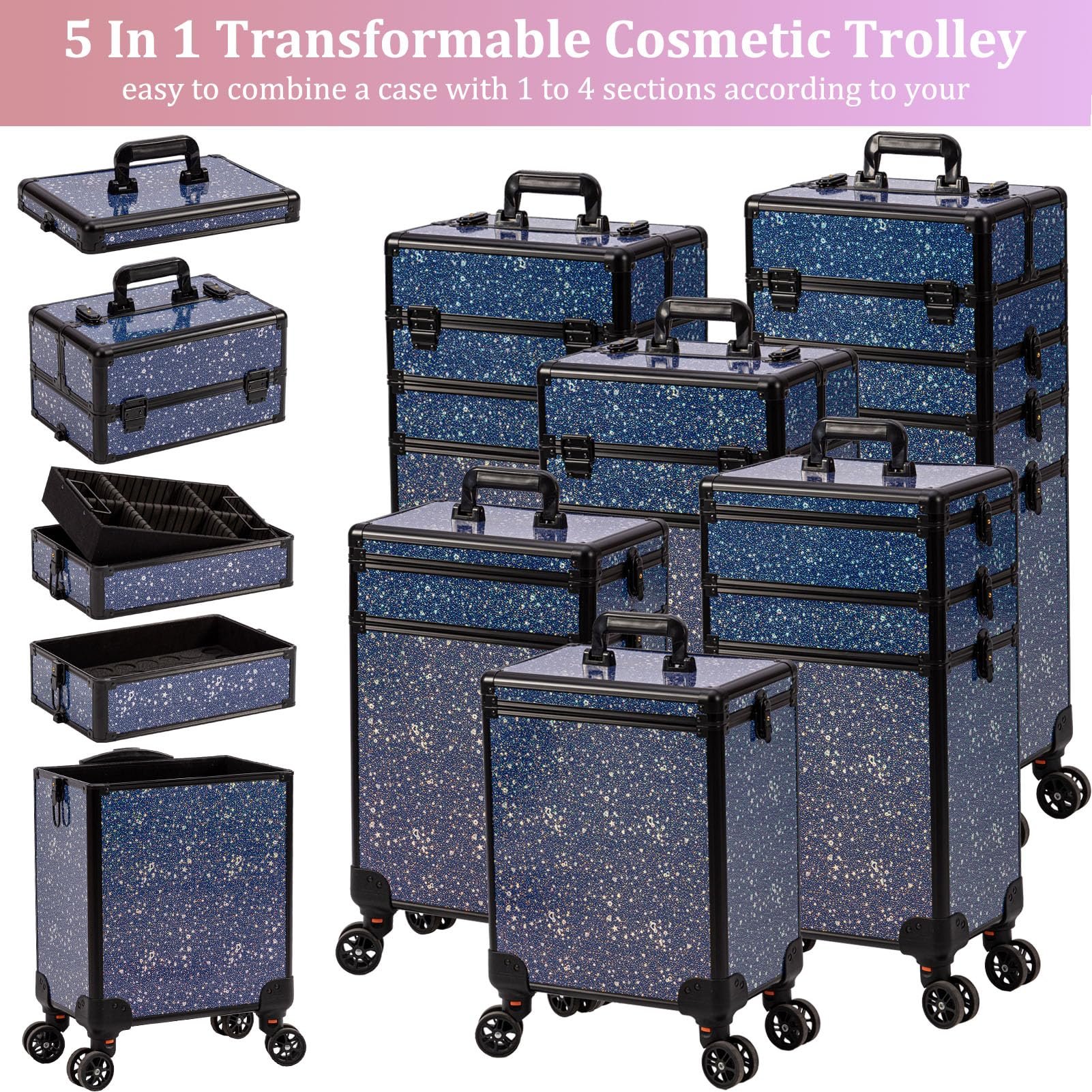 Rolling Makeup Train Case Large Storage Cosmetic Trolley 5 in 1 Large Capacity Makeup Travel Case Wheels Salon Trolley