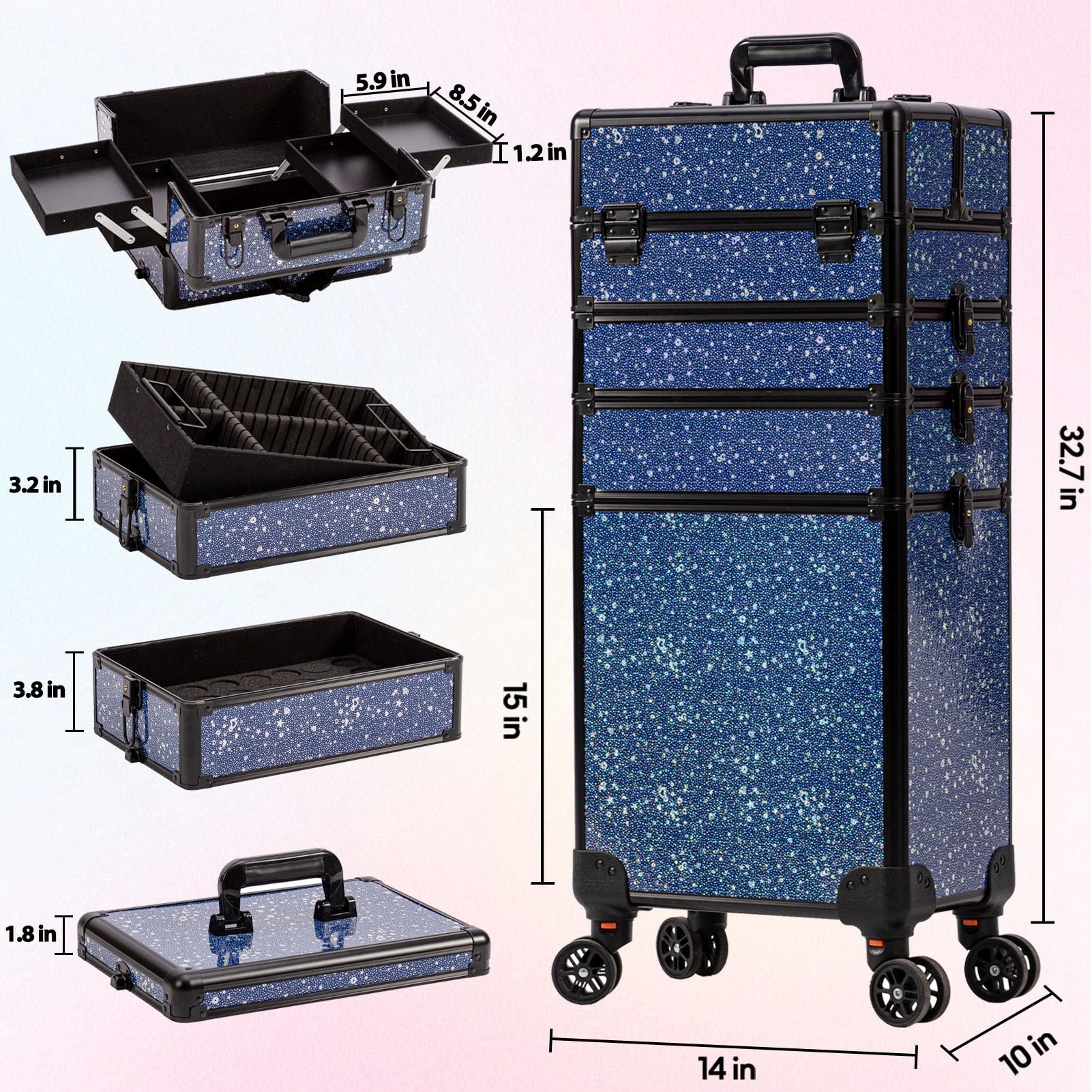 Rolling Makeup Train Case Large Storage Cosmetic Trolley 5 in 1 Large Capacity Makeup Travel Case Wheels Salon Trolley