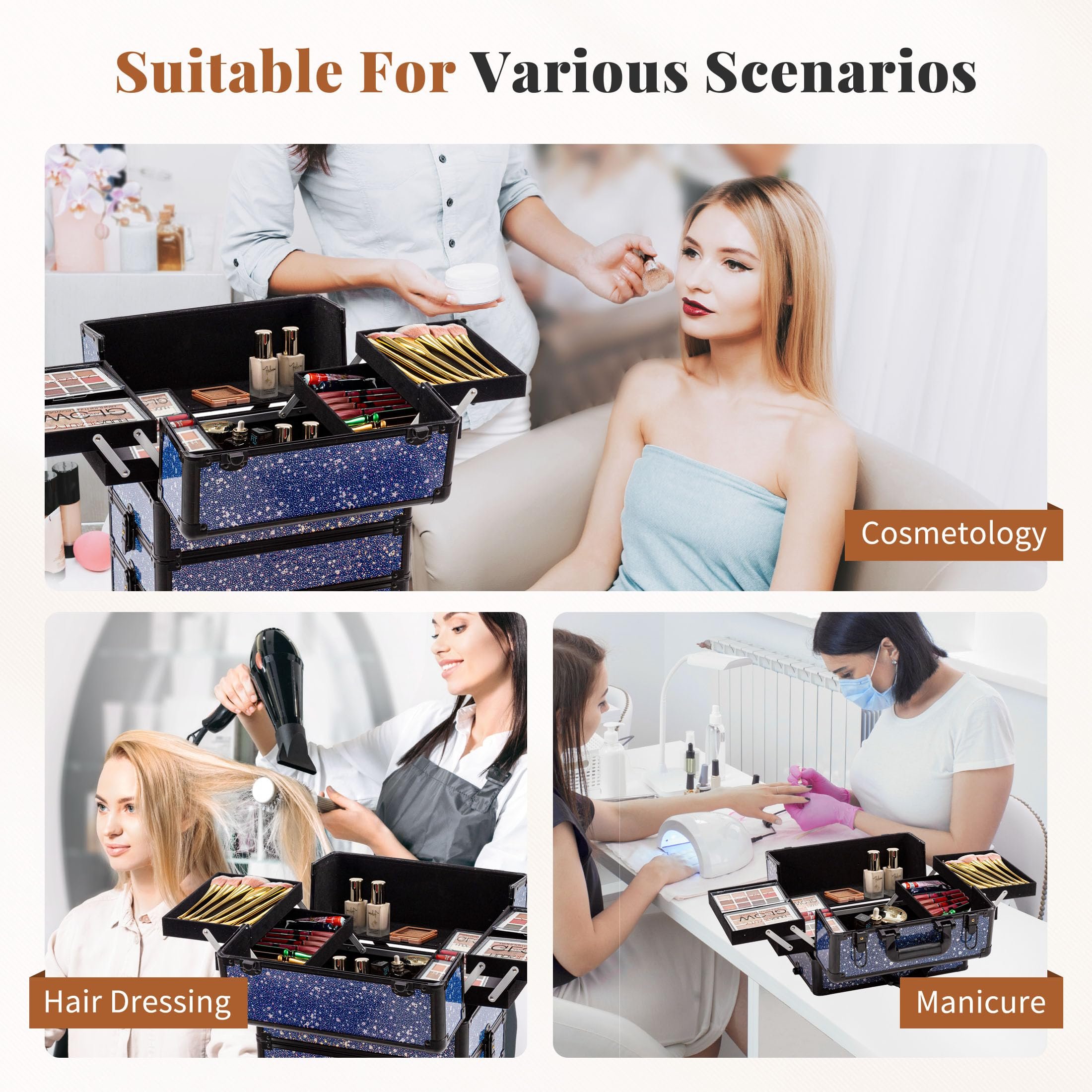Rolling Makeup Train Case Large Storage Cosmetic Trolley 5 in 1 Large Capacity Makeup Travel Case Wheels Salon Trolley