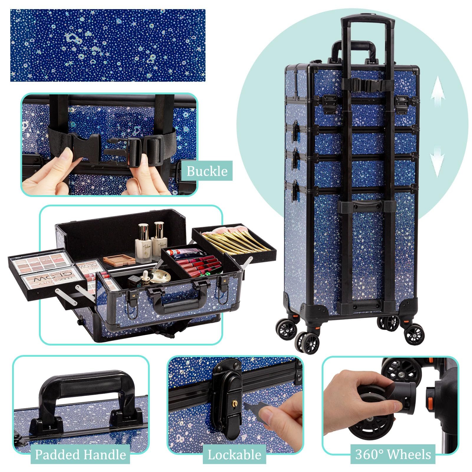 Rolling Makeup Train Case Large Storage Cosmetic Trolley 5 in 1 Large Capacity Makeup Travel Case Wheels Salon Trolley