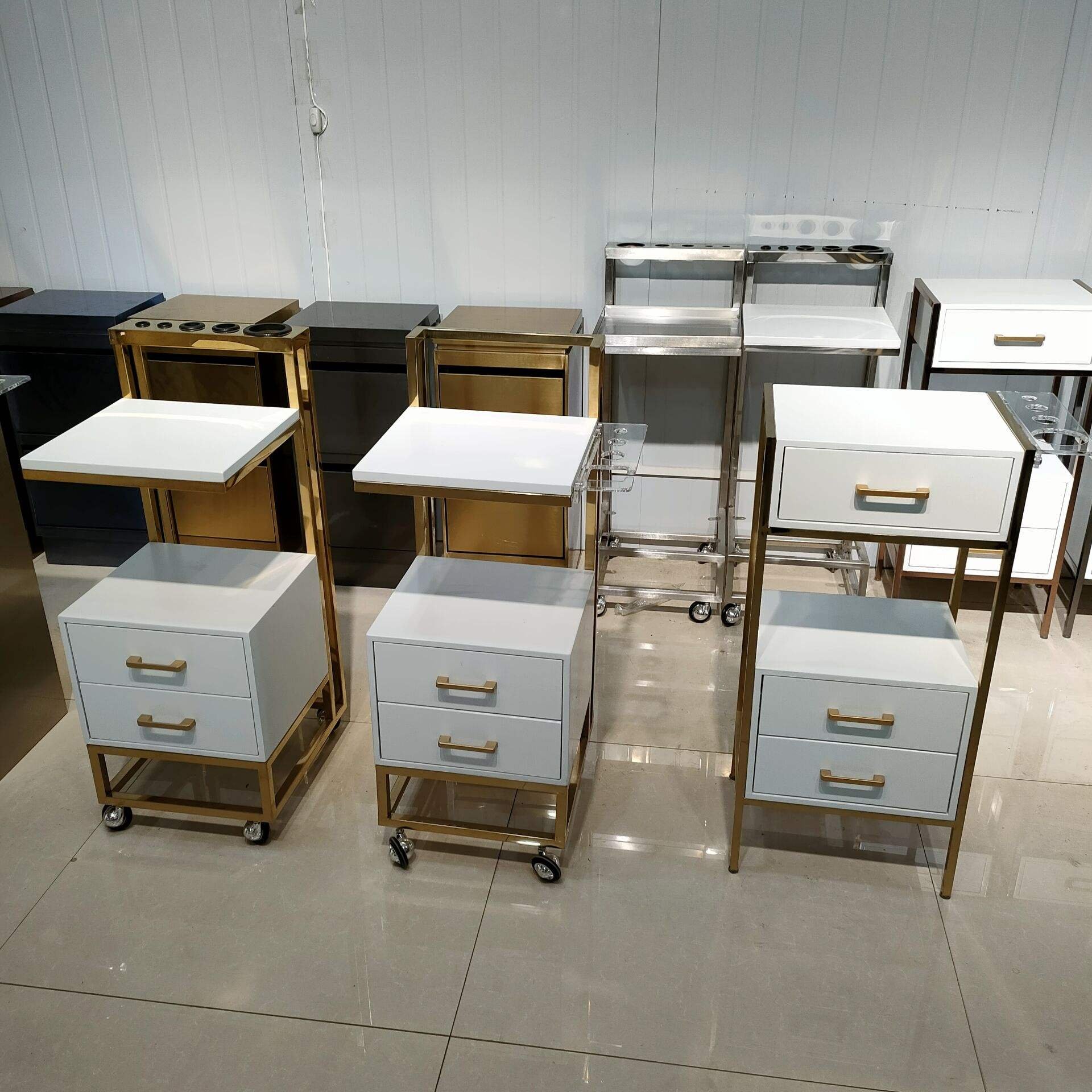 High-quality Barber Sop Furniture Styling Stainless Steel Salon Tool Beauty Hair Salon Side Trolley with wheels and Drawers