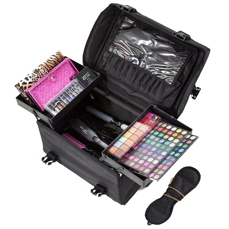 Makeup Train Case Large Storage Cosmetic Trolley Large Capacity Trolley Makeup Travel Case Universal Wheels Salon Barber Case