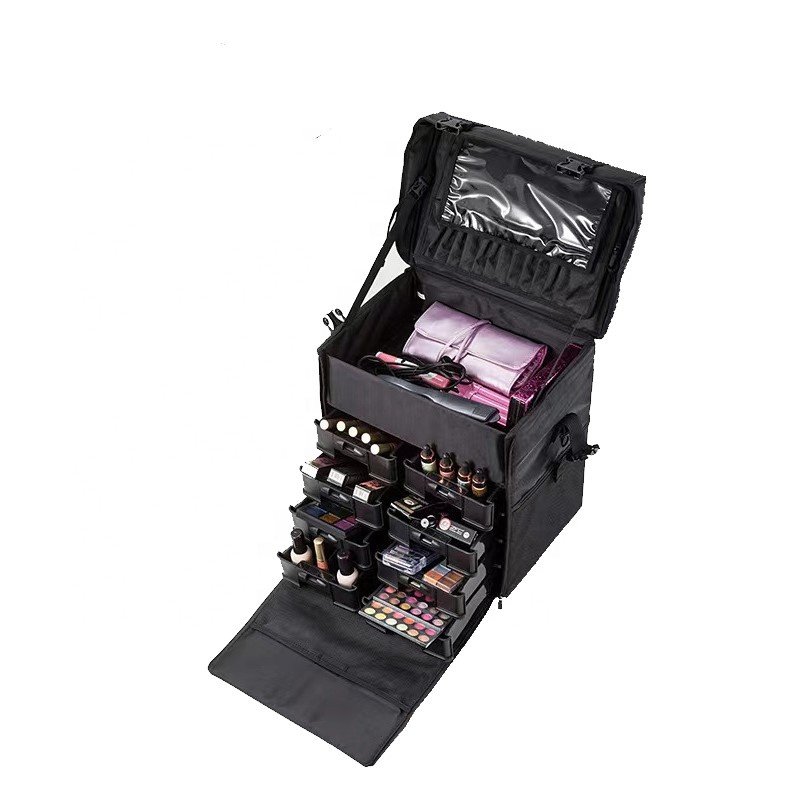 Makeup Train Case Large Storage Cosmetic Trolley Large Capacity Trolley Makeup Travel Case Universal Wheels Salon Barber Case