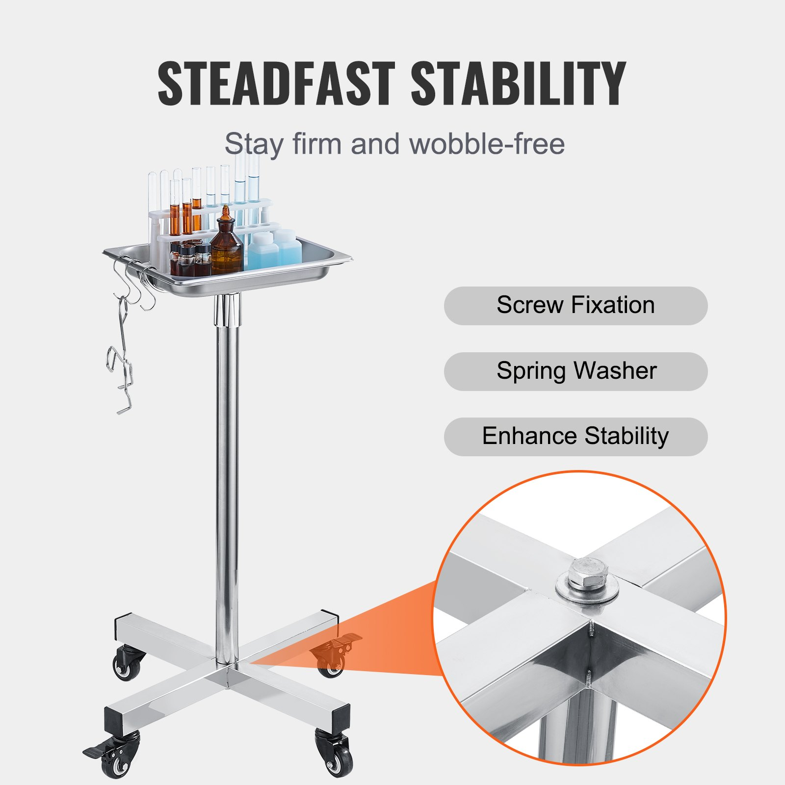 Heavybao Adjust Height Stainless Steel Hospital Furniture Mobile Medical Surgical Operation Trolley Mayo Stand with Tray Table