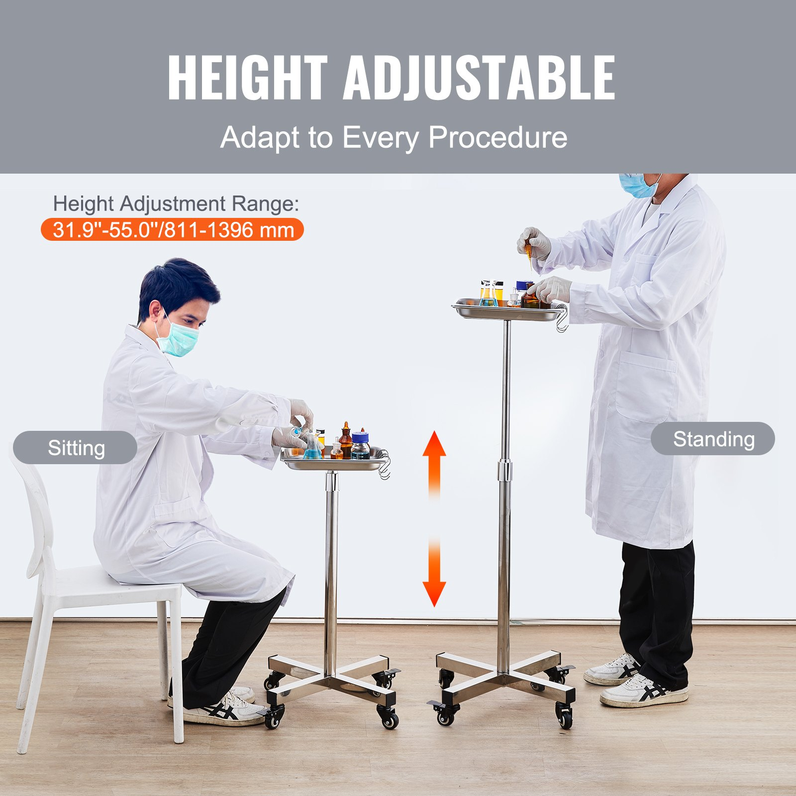 Heavybao Adjust Height Stainless Steel Hospital Furniture Mobile Medical Surgical Operation Trolley Mayo Stand with Tray Table