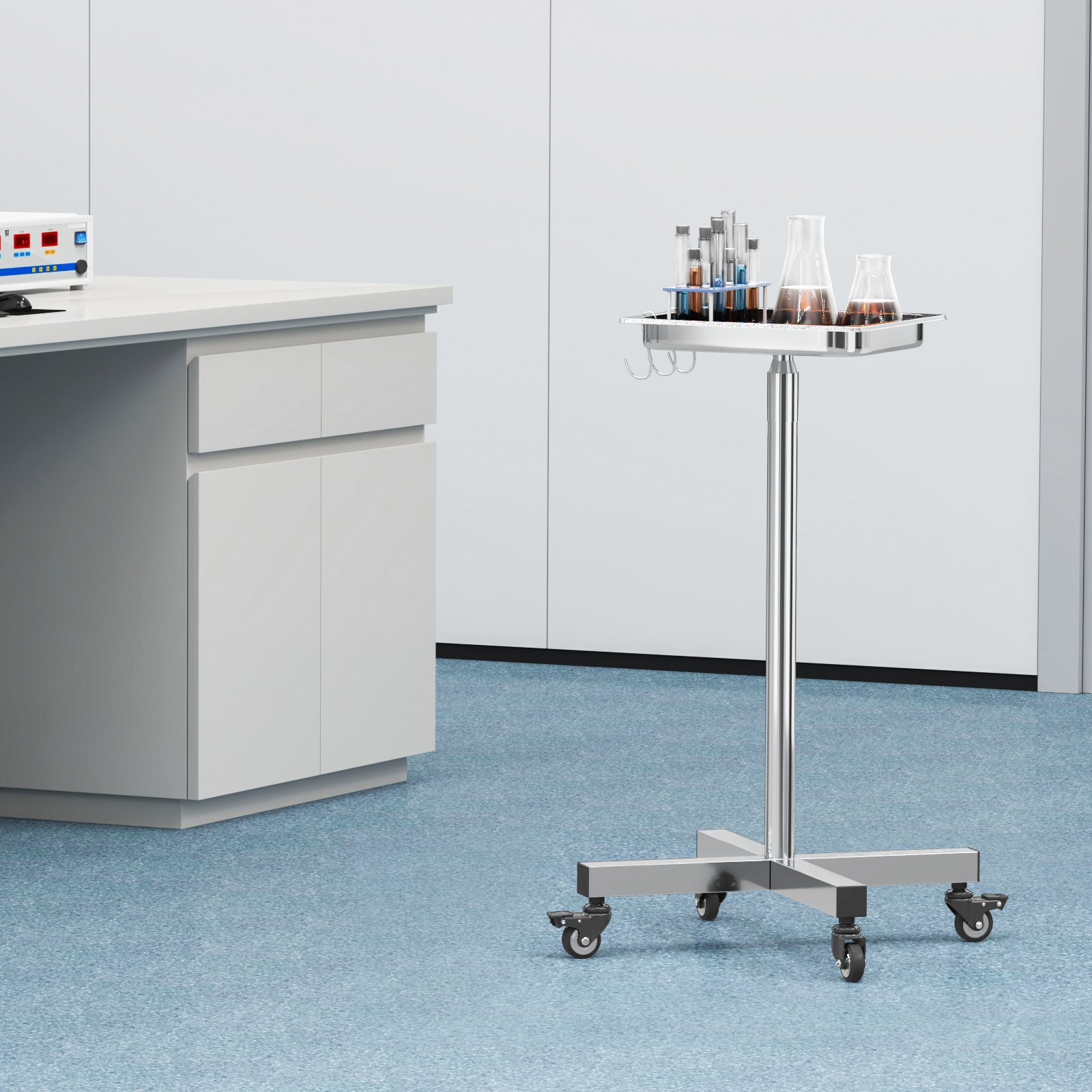 Heavybao Adjust Height Stainless Steel Hospital Furniture Mobile Medical Surgical Operation Trolley Mayo Stand with Tray Table