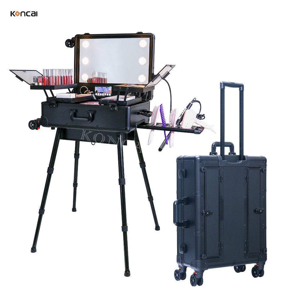 KONCAI FAMA factory Latest aluminum makeup station trolley case with Adjustable Stand Rolling Studio Professional Beauty Trolley