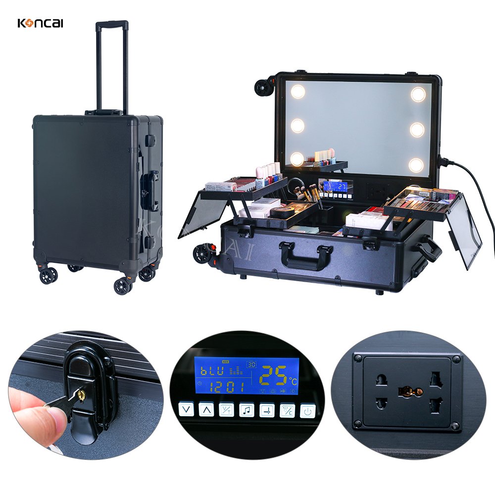 KONCAI FAMA factory Latest aluminum makeup station trolley case with Adjustable Stand Rolling Studio Professional Beauty Trolley