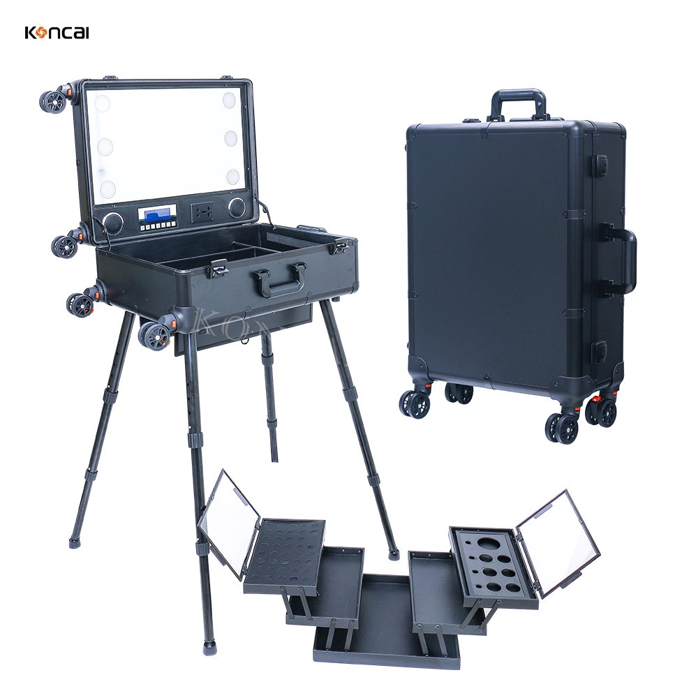KONCAI FAMA factory Latest aluminum makeup station trolley case with Adjustable Stand Rolling Studio Professional Beauty Trolley