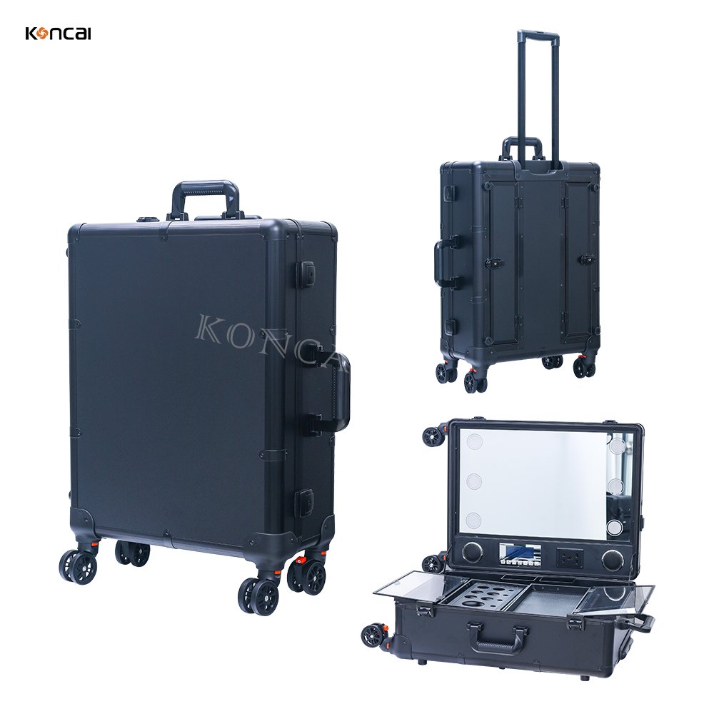 KONCAI FAMA factory Latest aluminum makeup station trolley case with Adjustable Stand Rolling Studio Professional Beauty Trolley