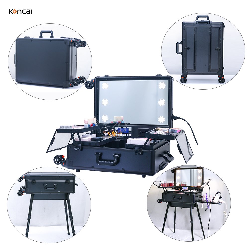 KONCAI FAMA factory Latest aluminum makeup station trolley case with Adjustable Stand Rolling Studio Professional Beauty Trolley
