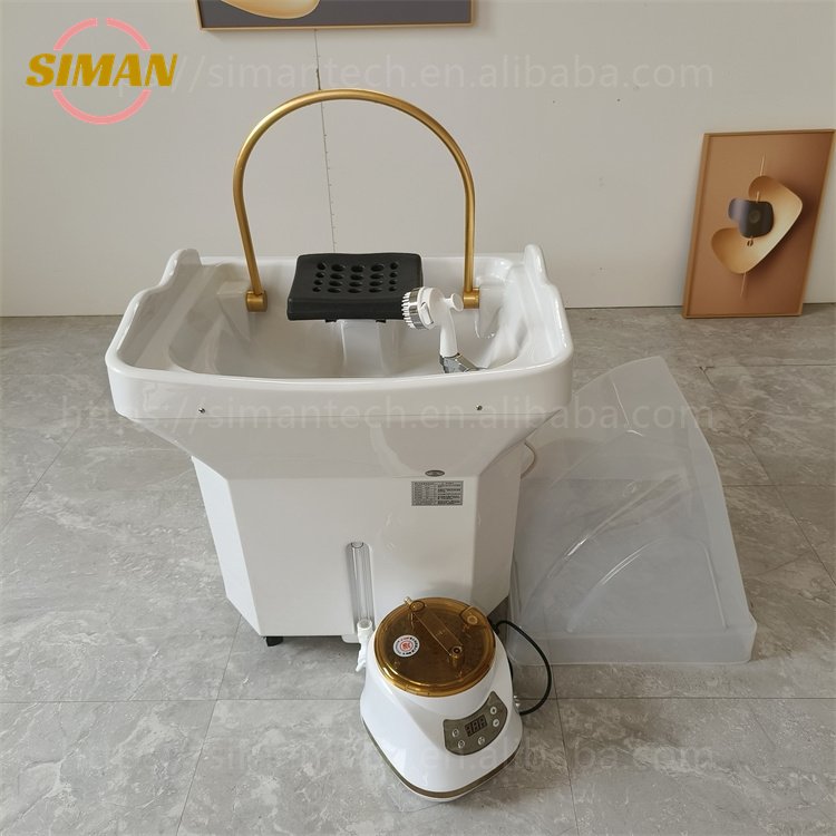 Siman 60L shampoo tank with heater pipeless modern salon barbershop sink basin with head water circulation steamer light therapy