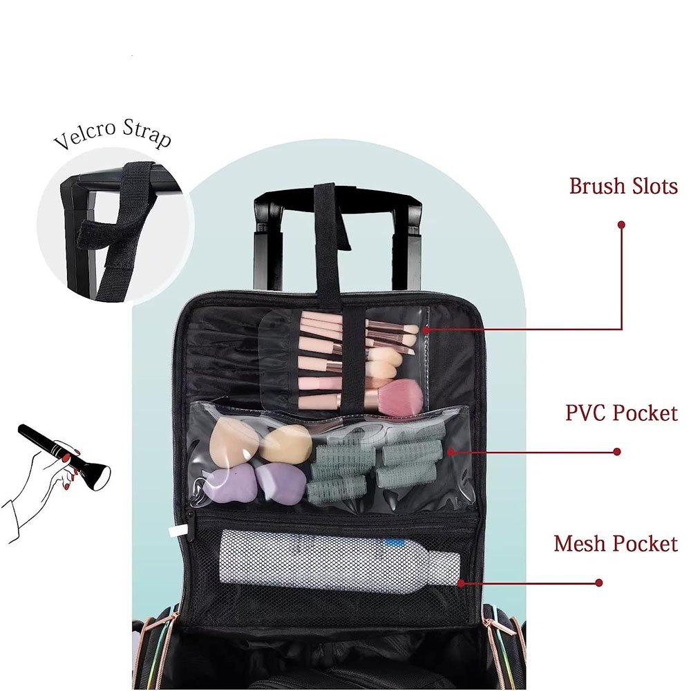 Detachable Pouch Heat Insulation Cosmetic Large Makeup Train Case Hairstylist Rolling Traveling Wheels Hairdressing Bag