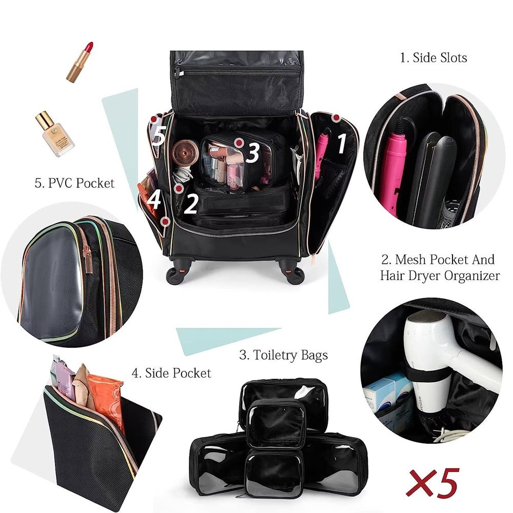 Detachable Pouch Heat Insulation Cosmetic Large Makeup Train Case Hairstylist Rolling Traveling Wheels Hairdressing Bag