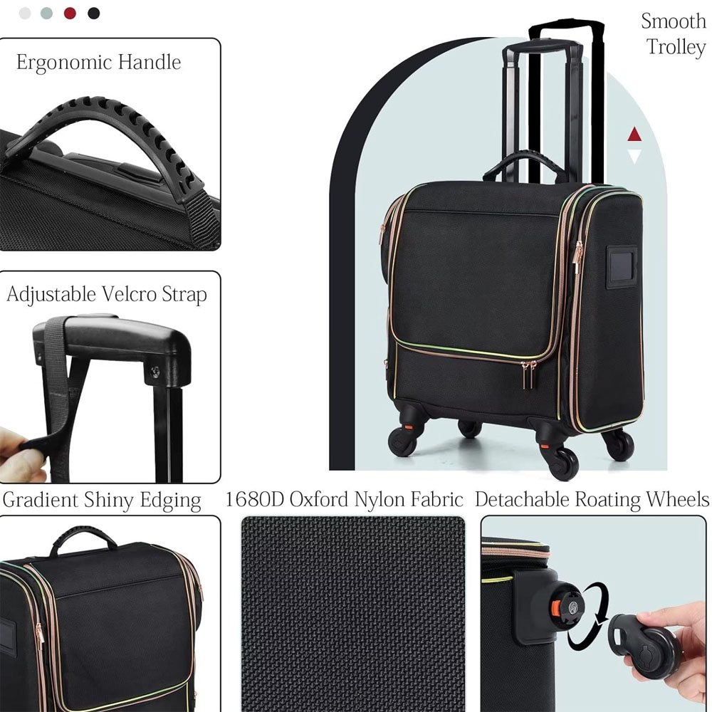 Detachable Pouch Heat Insulation Cosmetic Large Makeup Train Case Hairstylist Rolling Traveling Wheels Hairdressing Bag
