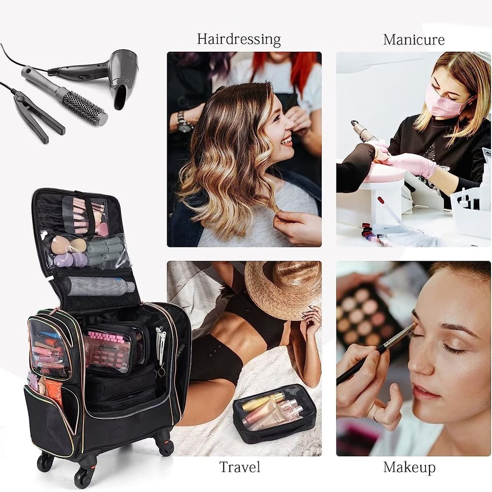 Detachable Pouch Heat Insulation Cosmetic Large Makeup Train Case Hairstylist Rolling Traveling Wheels Hairdressing Bag