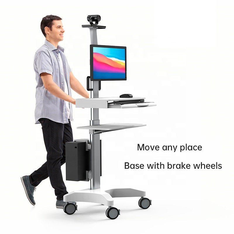 Medical Trolley with Monitor Mount Adjustable Move Computer Cart Workstation Trolley for Hospital Home Office School