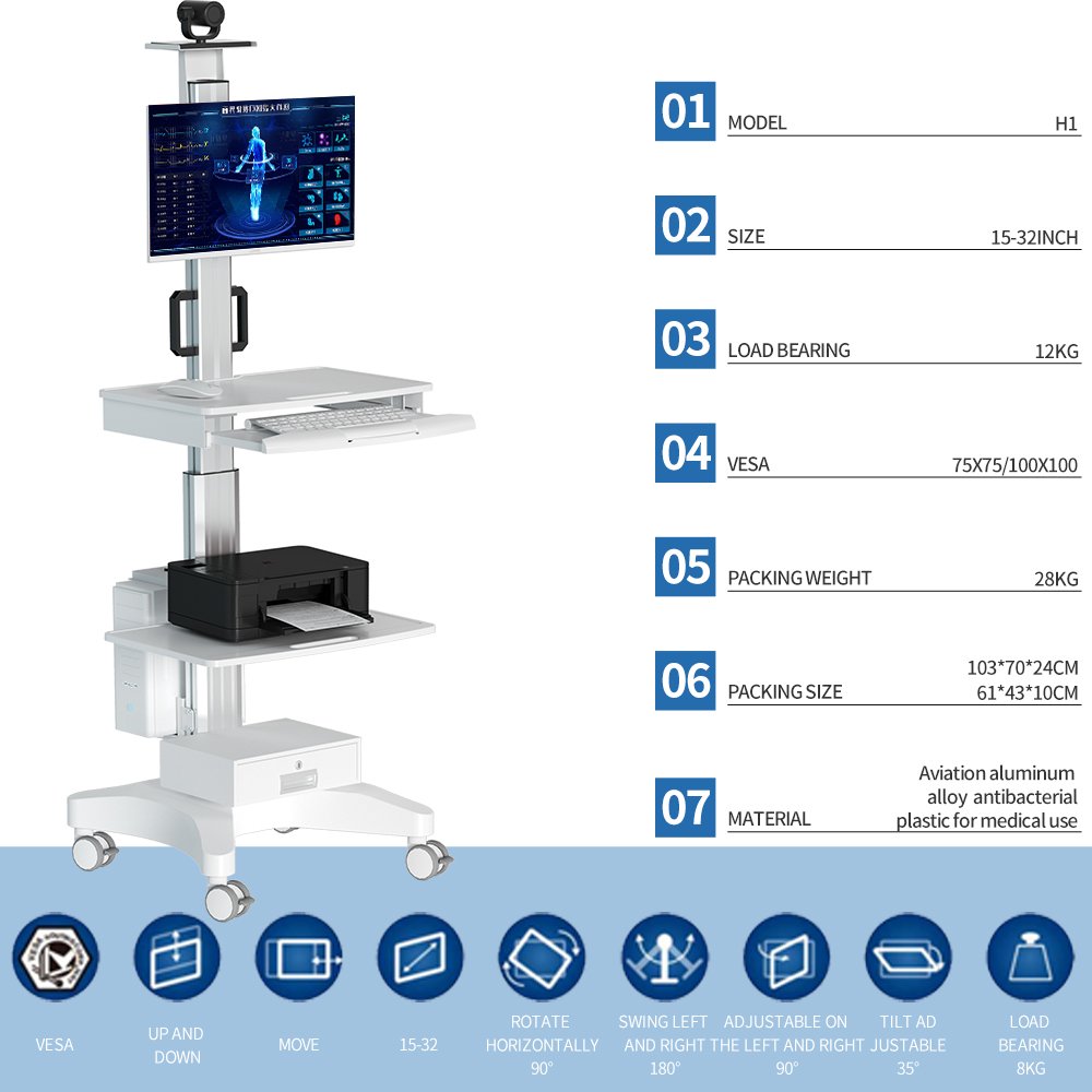Medical Trolley with Monitor Mount Adjustable Move Computer Cart Workstation Trolley for Hospital Home Office School