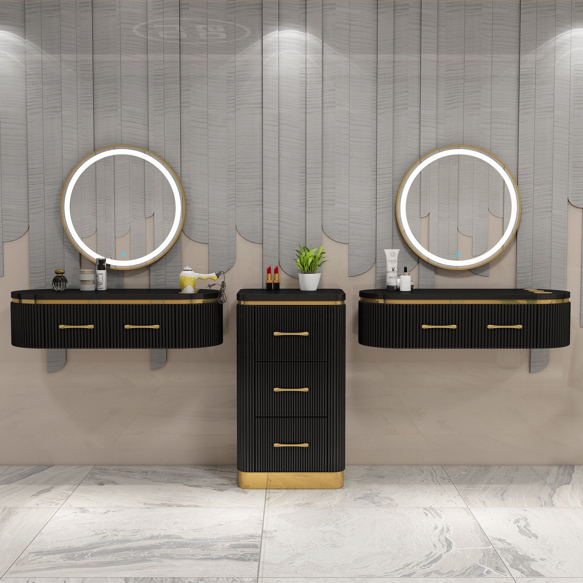 modern MDF painted luxury cheap salon cabinet stations with storage with appliance holders for hair salon