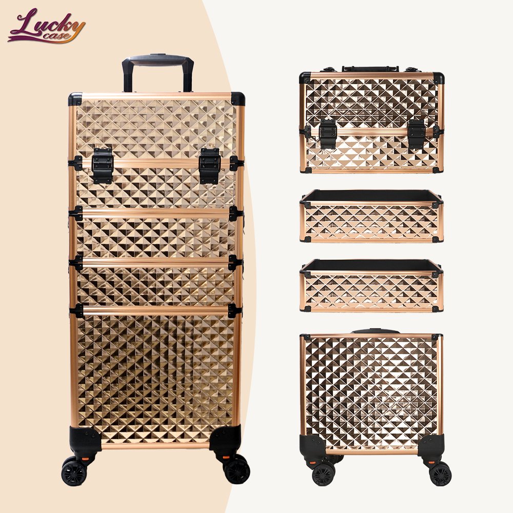 Rolling Makeup Train Case 4 In 1 Large Cosmetic Trolley Barber Case With Keys Swivel Wheels Traveling Trunk For Makeup Artist