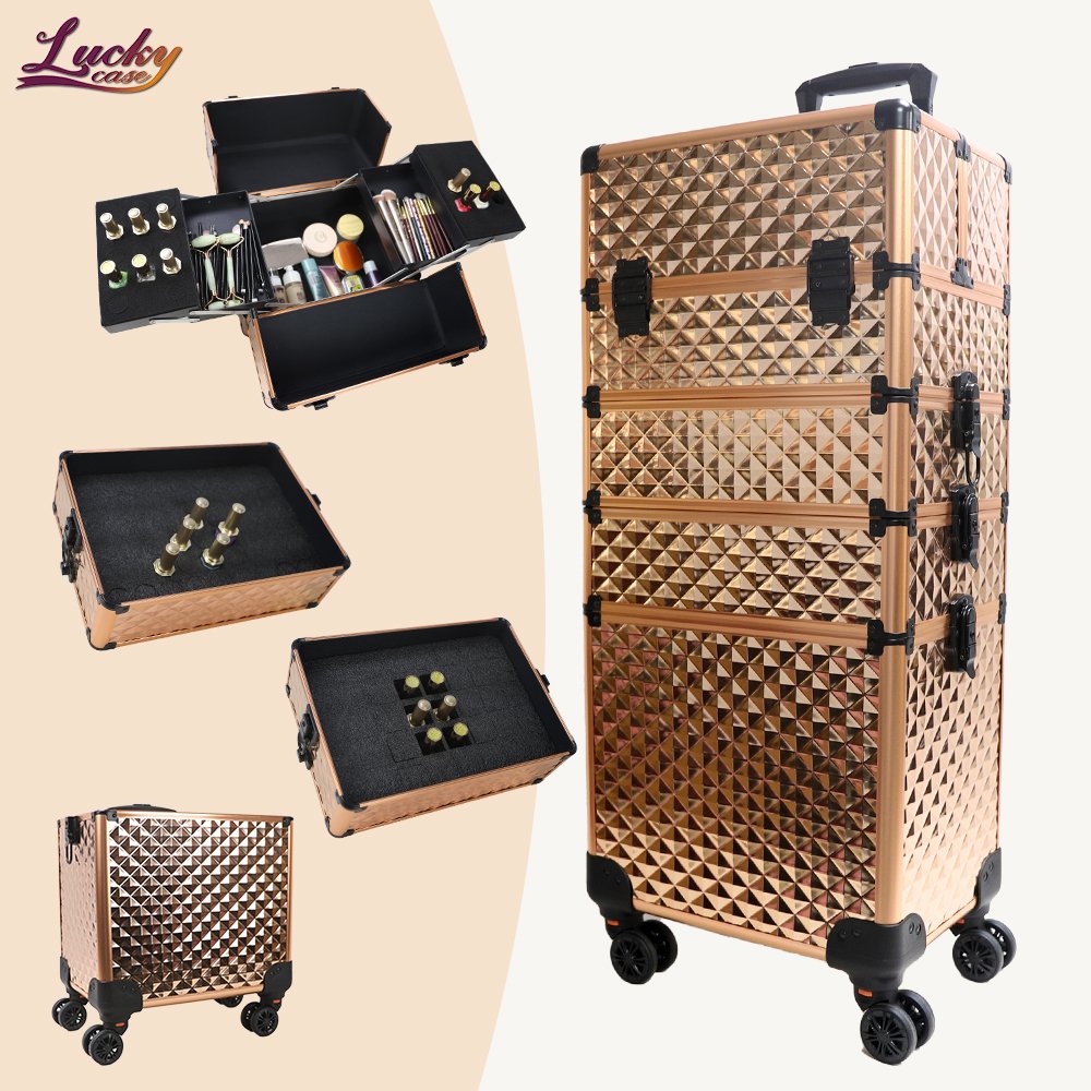 Rolling Makeup Train Case 4 In 1 Large Cosmetic Trolley Barber Case With Keys Swivel Wheels Traveling Trunk For Makeup Artist