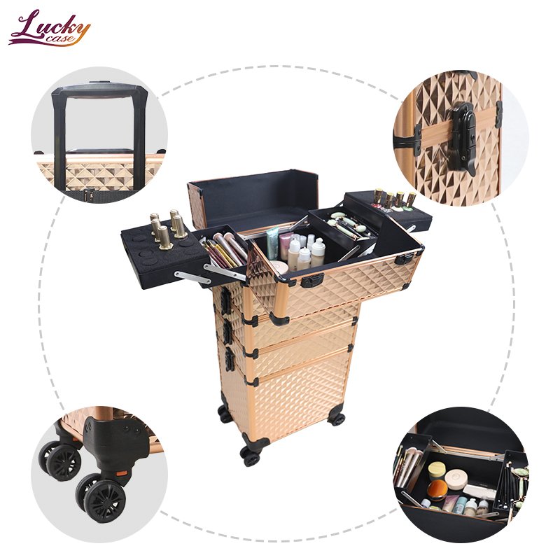 Rolling Makeup Train Case 4 In 1 Large Cosmetic Trolley Barber Case With Keys Swivel Wheels Traveling Trunk For Makeup Artist