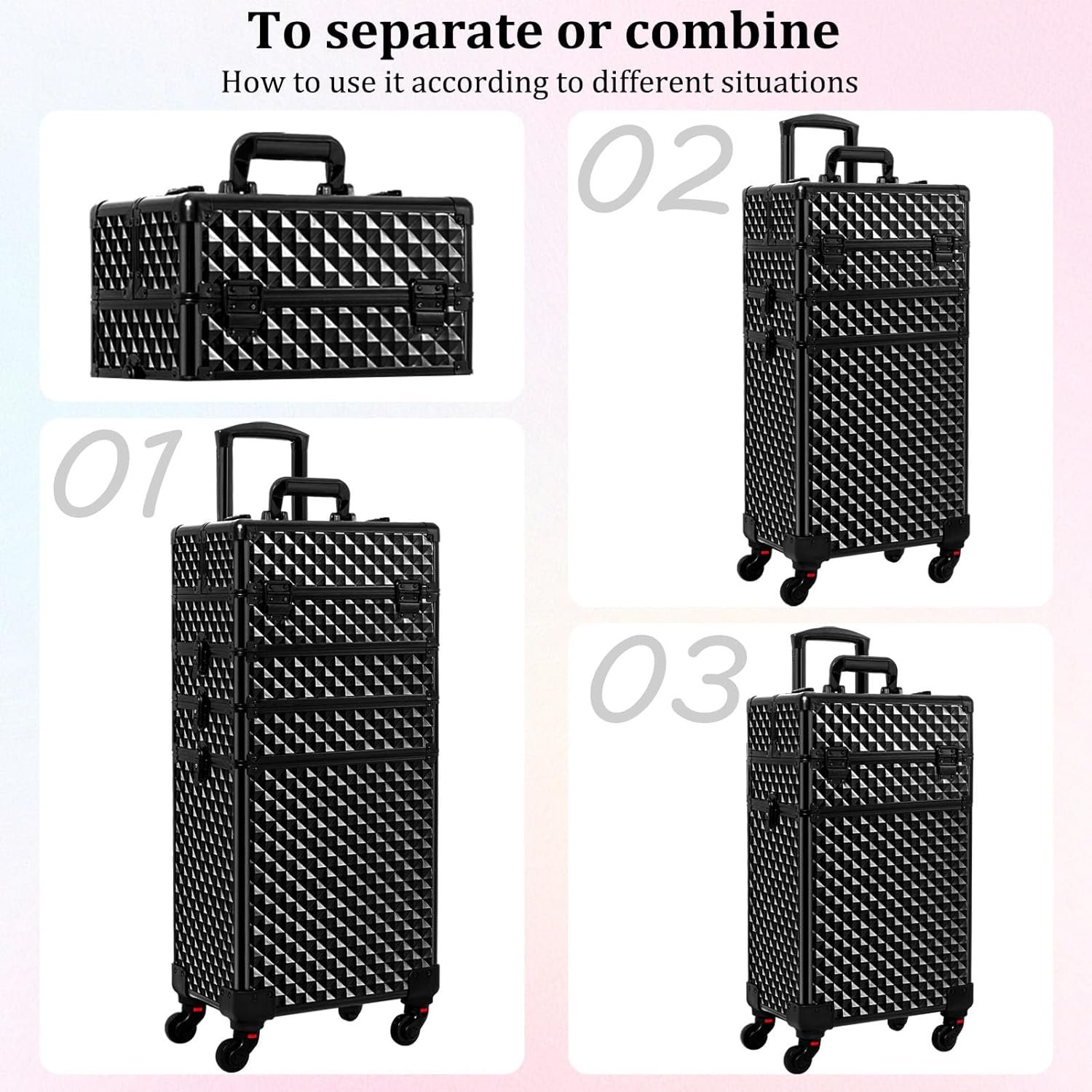 Rolling Makeup Train Storage Cosmetic Trolley Travel Case with Key Swivel Wheels Salon Barber Case Traveling Cart Trunk
