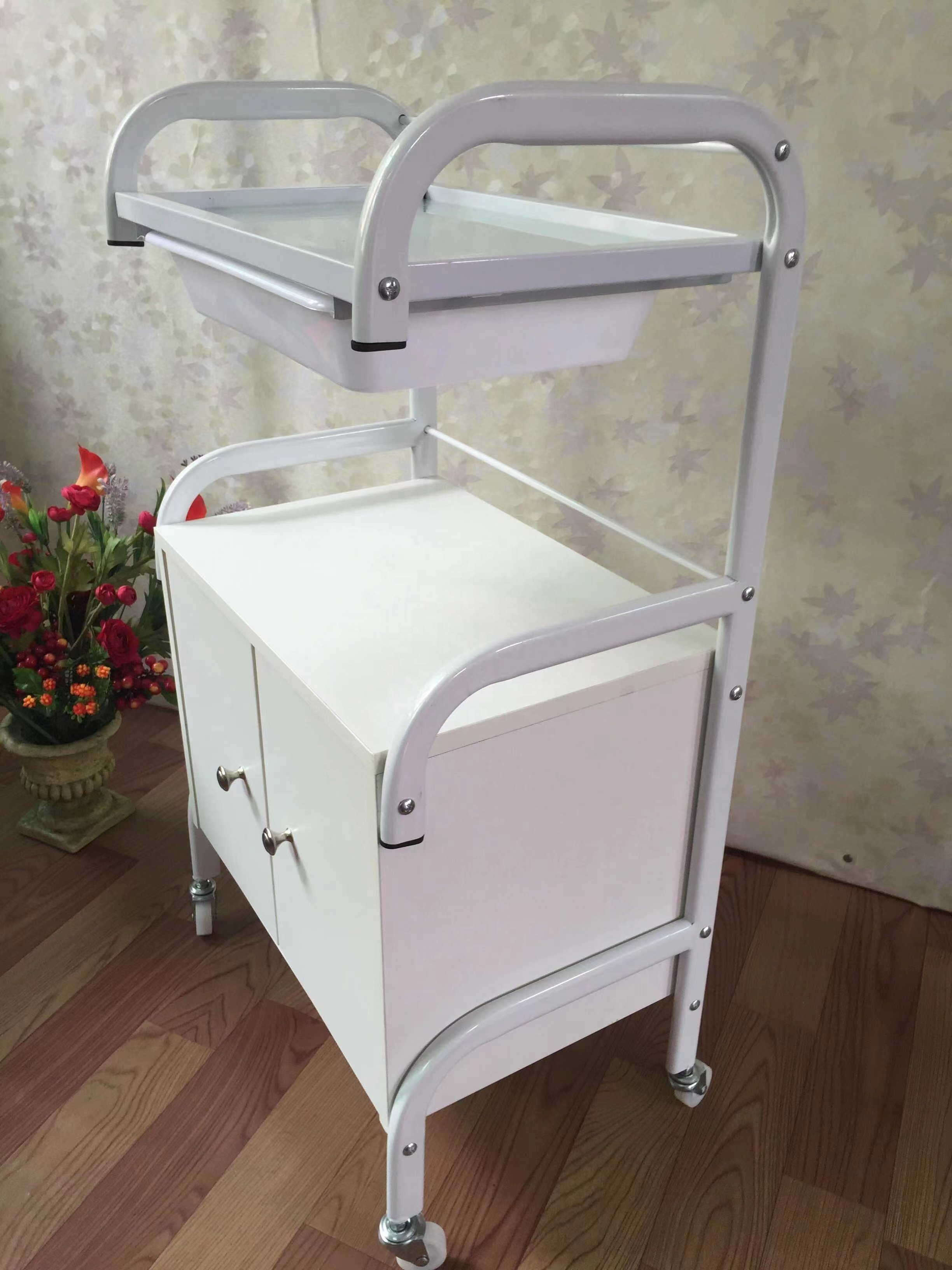 High Quality Wood Material Salon Trolley Cabinet Pink White Beauty Salon Trolley for Salon Furniture