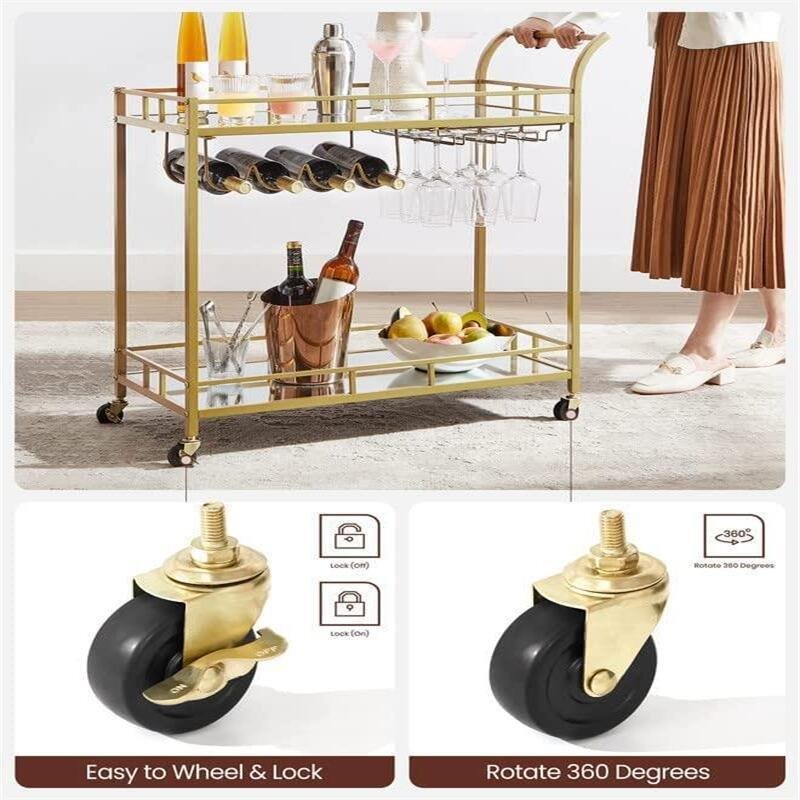 Modern Kitchen Cart Trolley Luxury Metal Food Drinking Barware Trolley Bar Cart for Hotel Restaurant Party Glass Iron Golden