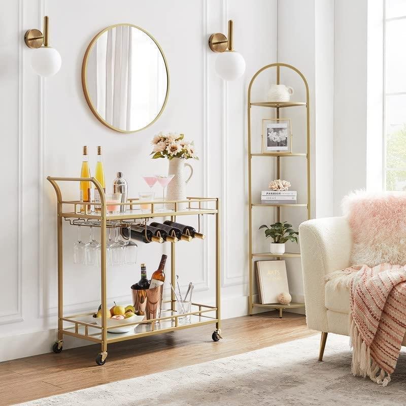 Modern Kitchen Cart Trolley Luxury Metal Food Drinking Barware Trolley Bar Cart for Hotel Restaurant Party Glass Iron Golden