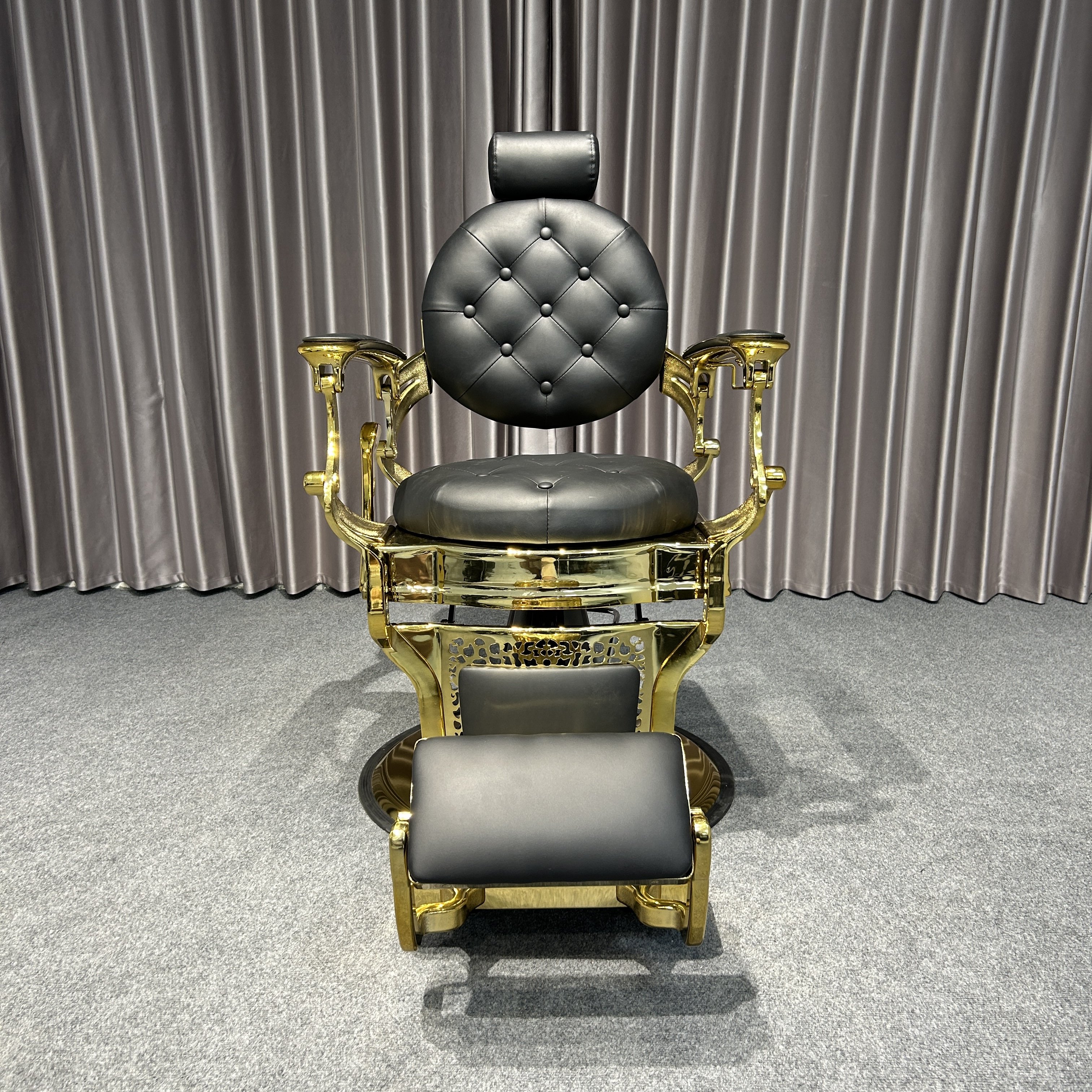 Vintage Belmont Barber Chair Black Gold Luxury Antique Reclining Shaving Chair Men Professional Salon Durable Metal PU