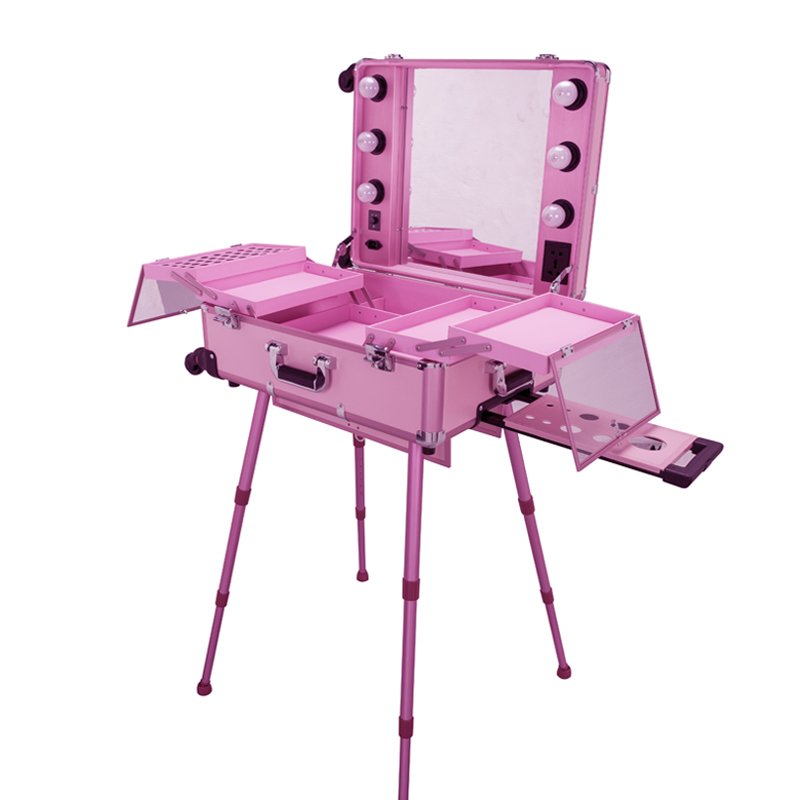 Professional travel makeup case with light and mirror salon makeup station makeup trolley with bulbs on wheels