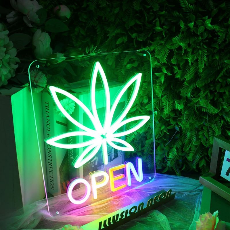 Smoking Shop Advertising Board Green Leaf Open LED Smoke Custom Neon Sign Light