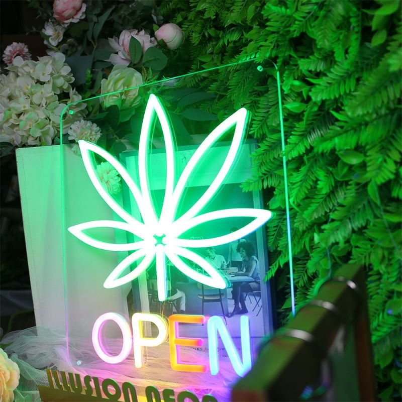 Smoking Shop Advertising Board Green Leaf Open LED Smoke Custom Neon Sign Light