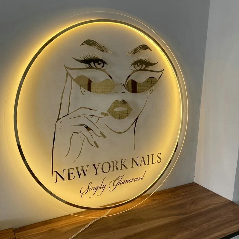 customized Acrylic mirror gold Sign Salon business sign Wall 3d logo round glow signs golden letters