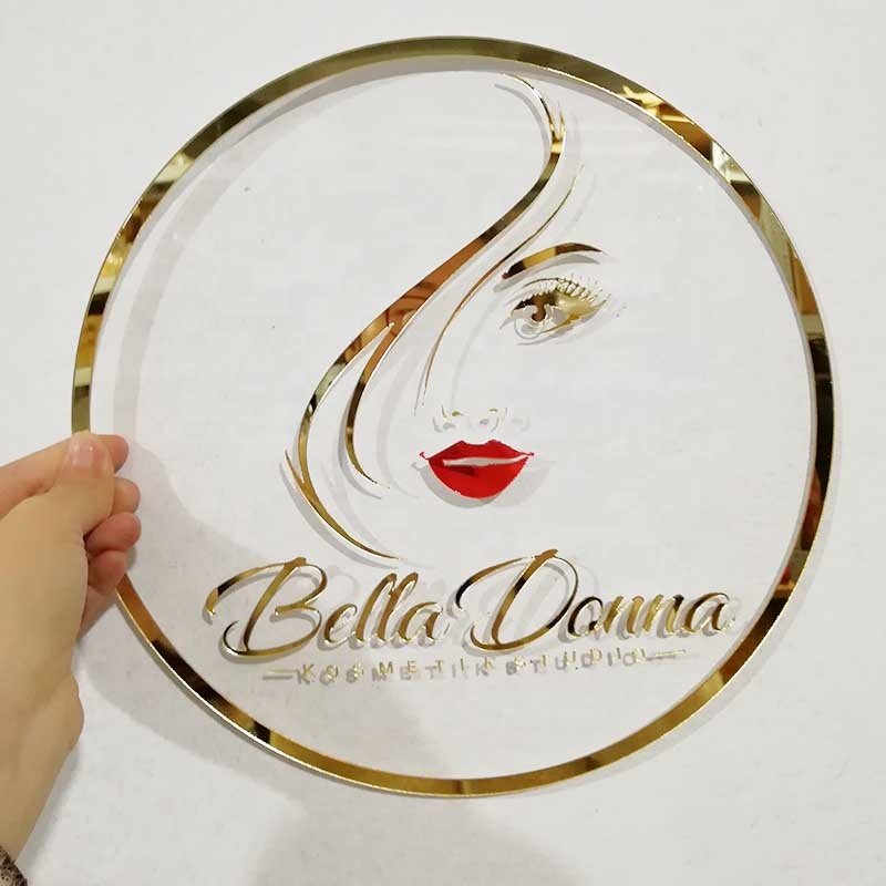 customized Acrylic mirror gold Sign Salon business sign Wall 3d logo round glow signs golden letters